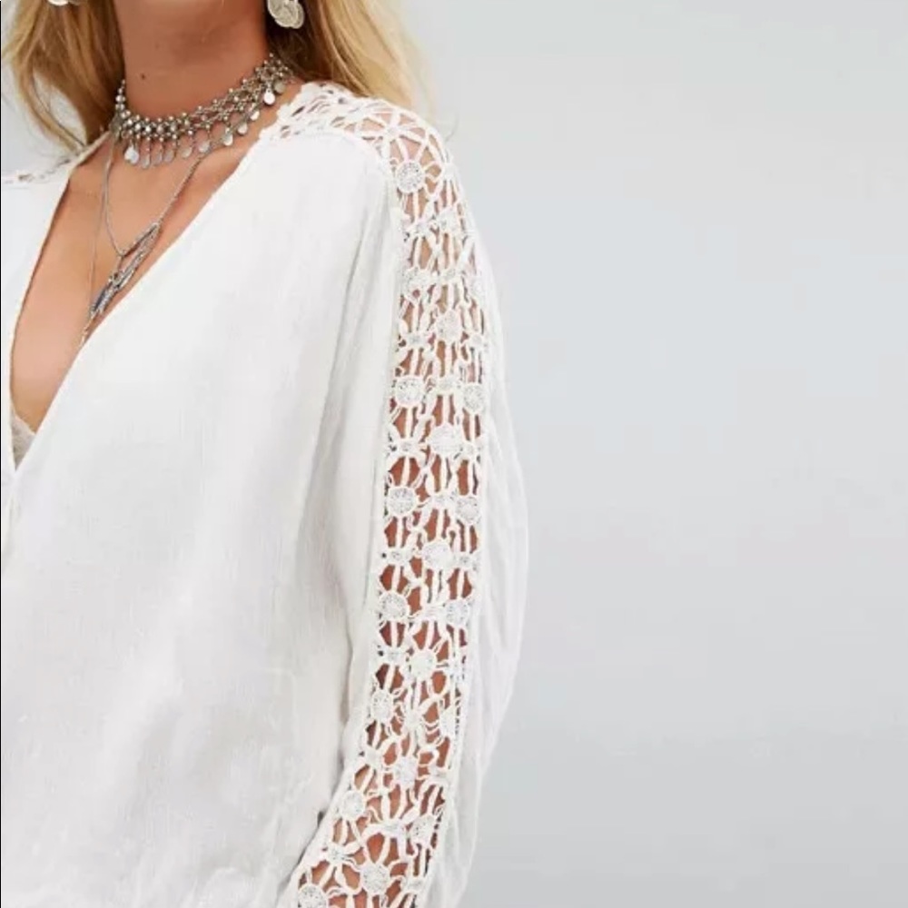 Free People White Crochet Sleeve Top